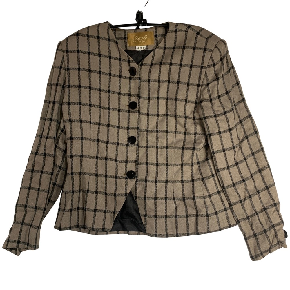 Vintage Saville Blazer Womens 12 Plaid Checkered Button Front Career Made in USA